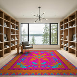 Multi-color and Patterns Vibrant Pink Persian Area Rug with Teal Florals
