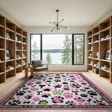 Kids Cartoon Playful Pink Paw Prints Bones Area Rug