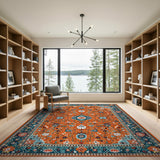 Vibrant Orange Persian Area Rug with Teal Accents