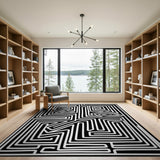 Intricate Maze Labyrinth Black White Rug