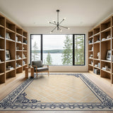 Beige Lattice Rug with Ornate Navy Border