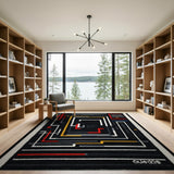 Geometric Maze Abstract Area Rug Black Red Yellow