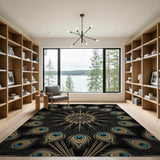 Peacock Mandala Area Rug in Black Gold Teal