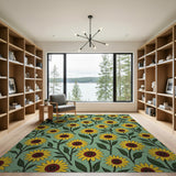 Green Vibrant Sunflower Field Area Rug