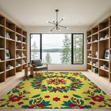 Red Floral Wreath Yellow Area Rug