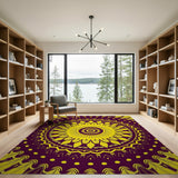 Yellow Sunflower Mandala Area Rug on Purple