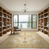 Ivory Traditional Persian Rug with Gold Border Red Florals