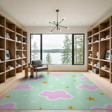 Playful Pink Clouds Stars Kids Area Rug
