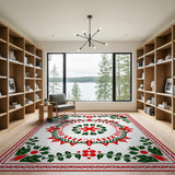 Festive Holly Poinsettia Red Green Area Rug
