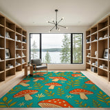 Whimsical Red Mushroom Teal Area Rug