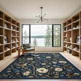 Navy Blue Floral Vintage Rug with Birds Branches