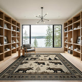 Rustic Moose Silhouette Winter Forest Area Rug