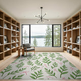 Green Fern Leaves Pink Twig Area Rug