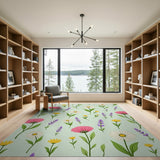 Mint Green Wildflower Area Rug with Daisies Lavender Poppies