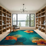 Vibrant Hibiscus Palm Teal Area Rug