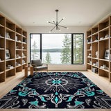 Teal Mandala Starburst Black Area Rug