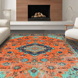 Ultra Soft Area Rug, Non Slip, Stain Resistant, Washable Area Rugs for Living Room, Bedroom, Trendy Rustic Symmetrical Elements(Orange)