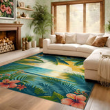 ODIKA Washable Tropical Hibiscus Area Rug - Non-Slip Low Pile Sunset Beach Decor