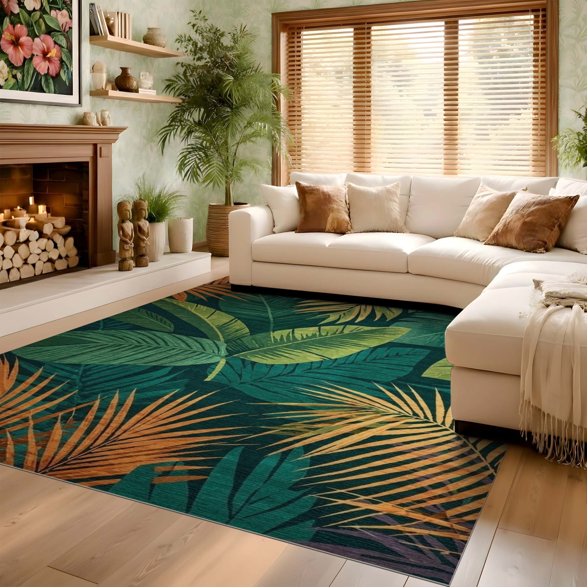 ODIKA Tropical Green Leaf Washable Rug - Non-Slip Low Pile Botanical Area Rug