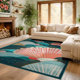 ODIKA Coastal Seashell Fan Pattern Washable Low Pile Area Rug - Teal & Coral Pink