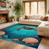 ODIKA Sea Turtle Underwater Washable Area Rug - Teal & Coral Low Pile Non-Slip Kids Play Mat, OEKO-TEX Certified
