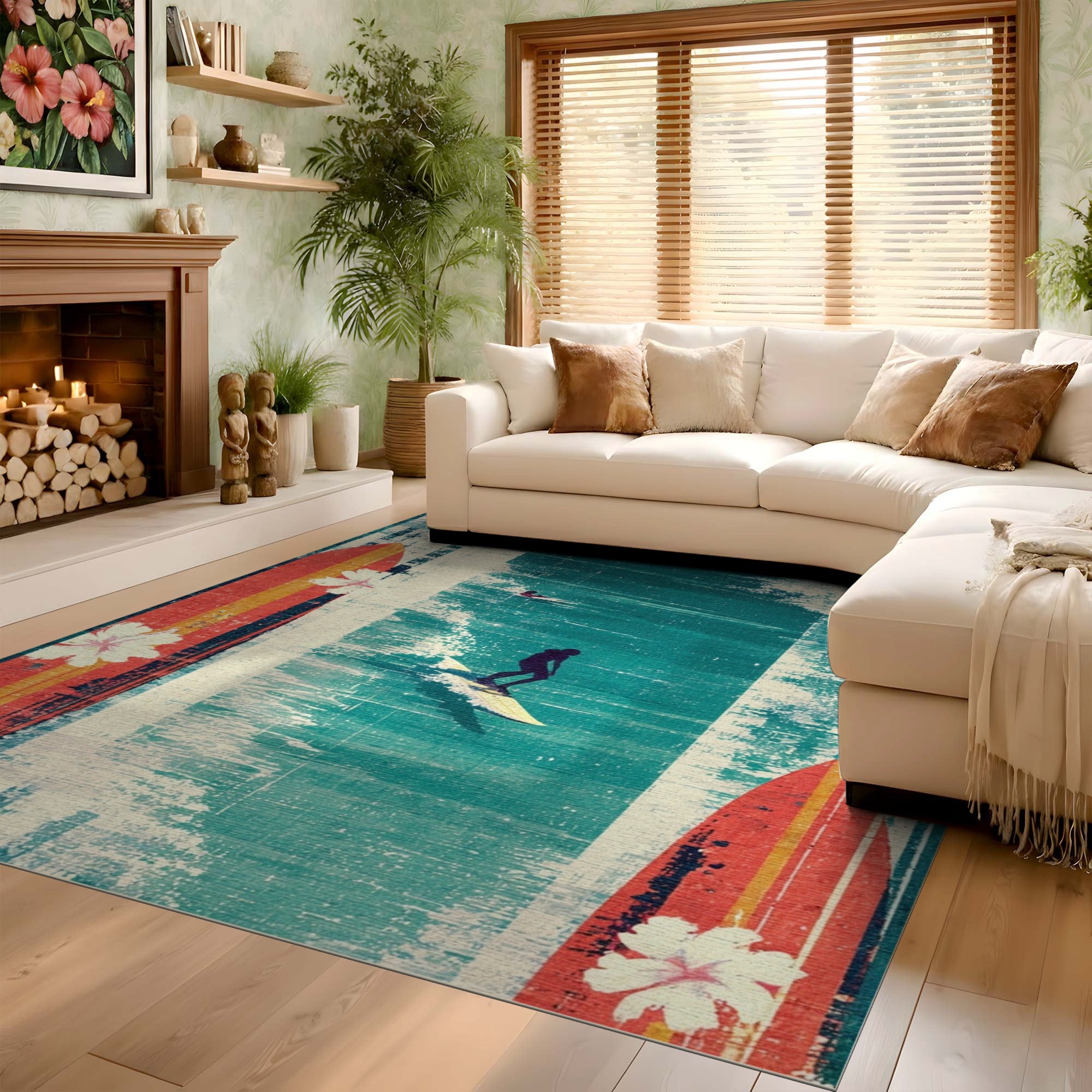 ODIKA Vintage Surf Retro Teal Washable Low Pile Area Rug, Non-Slip Coastal Decor