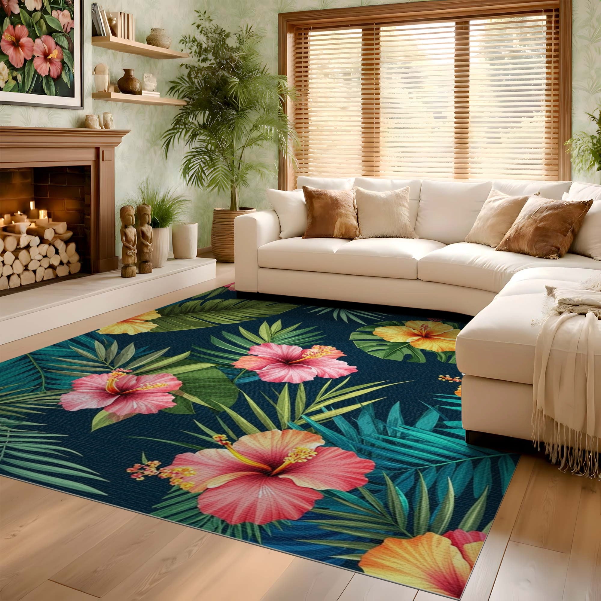 ODIKA Tropical Hibiscus Washable Rug - Non-Slip Low Pile Area Rug