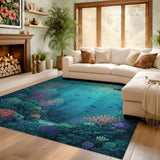 ODIKA Washable Sea Turtle & Coral Reef Area Rug, Low Pile Robot Vacuum Friendly Non-Slip Carpet