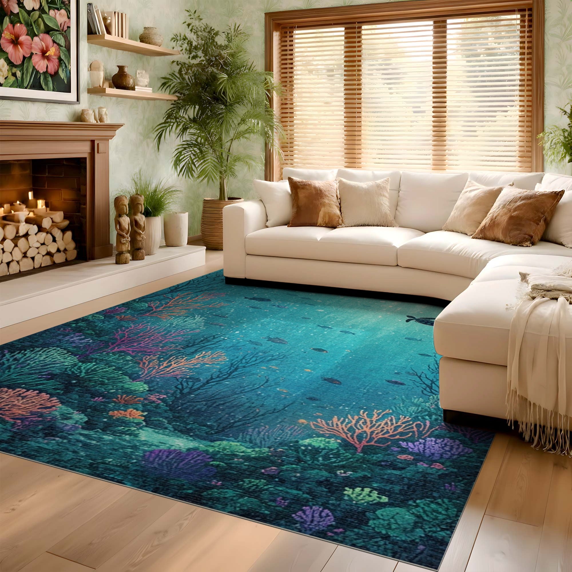 ODIKA Washable Sea Turtle & Coral Reef Area Rug, Low Pile Robot Vacuum Friendly Non-Slip Carpet