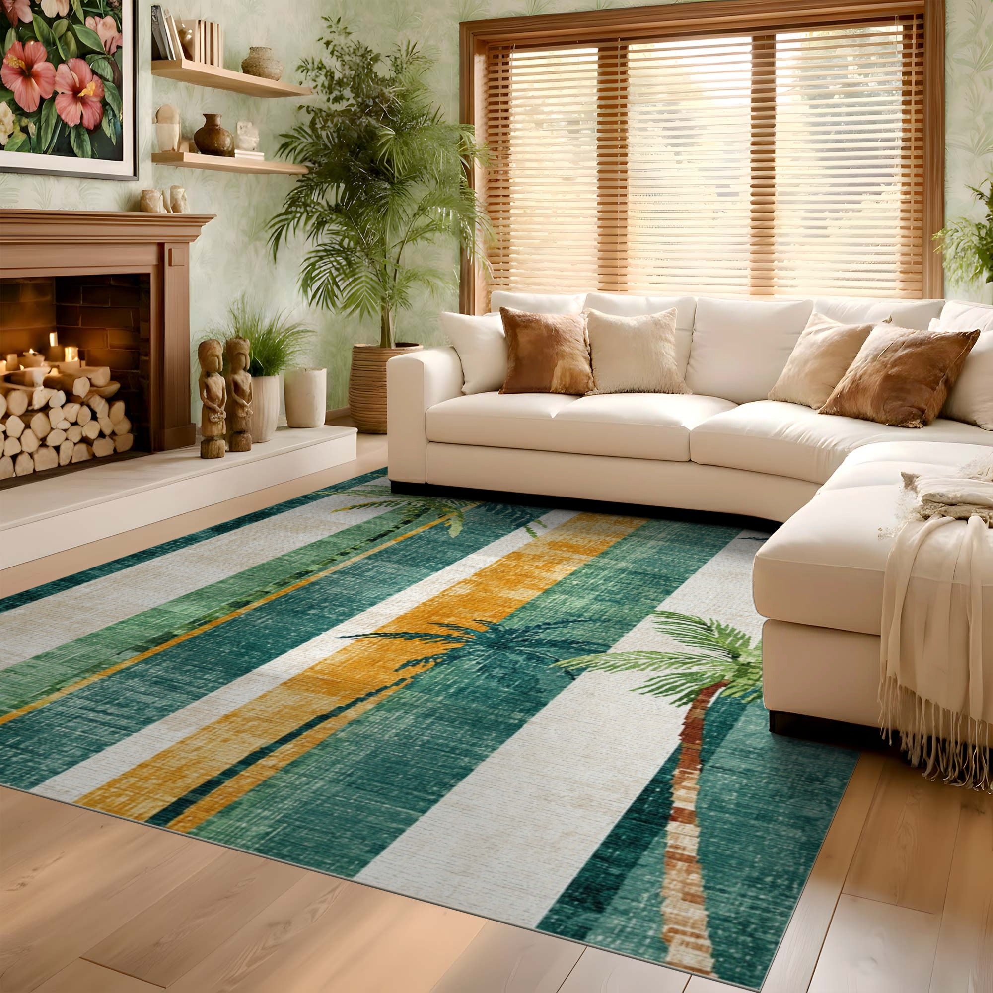 ODIKA Tropical Palm Tree Striped Machine Washable Area Rug - Low Pile Non-Slip Pet Friendly