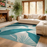 ODIKA Teal Tropical Palm Washable Rug - Non-Slip Low Pile Area Rug