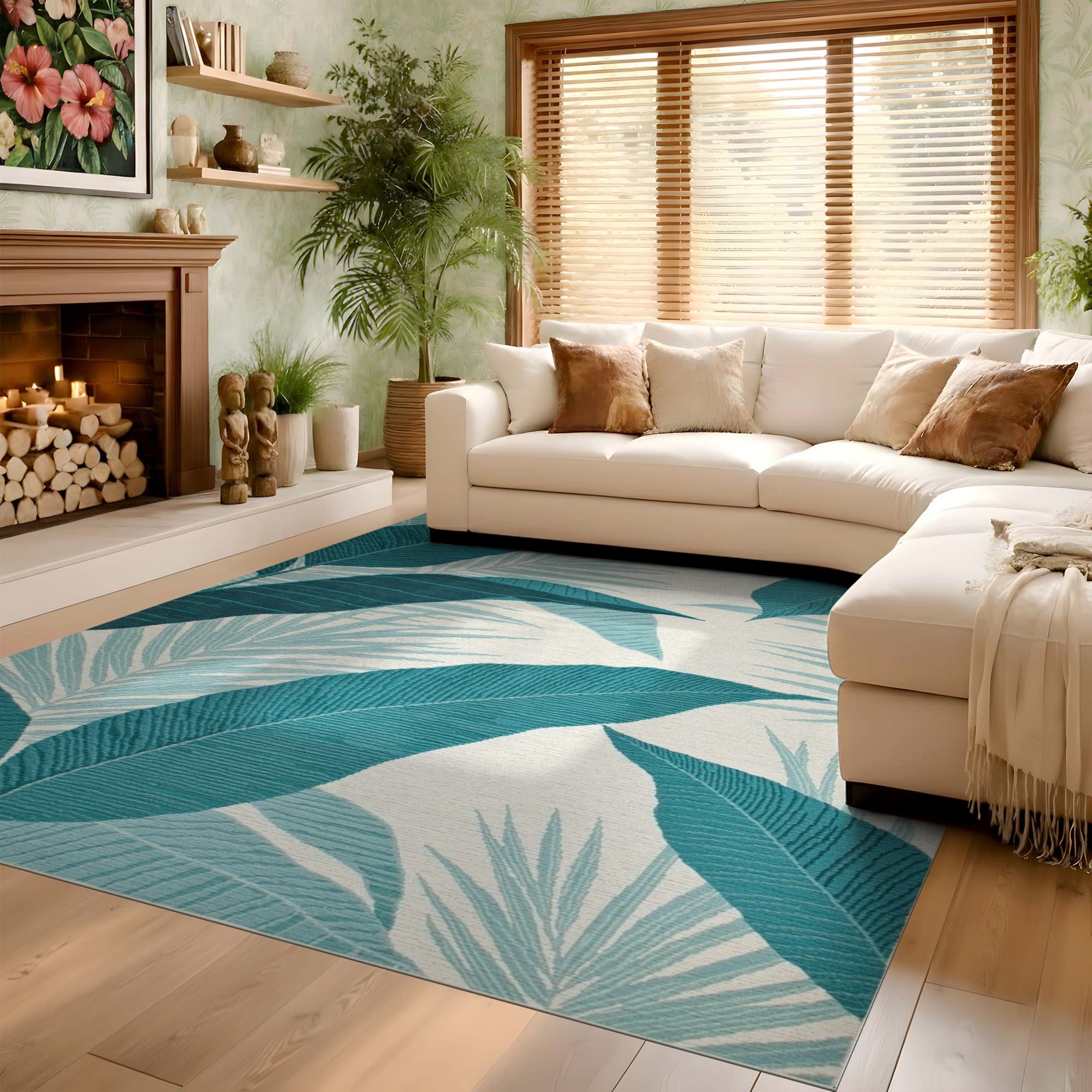 ODIKA Teal Tropical Palm Washable Rug - Non-Slip Low Pile Area Rug