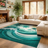 ODIKA Tropical Teal Ocean Wave Washable Rug - Retro Palm Tree Low Pile Non-Slip Area Rug