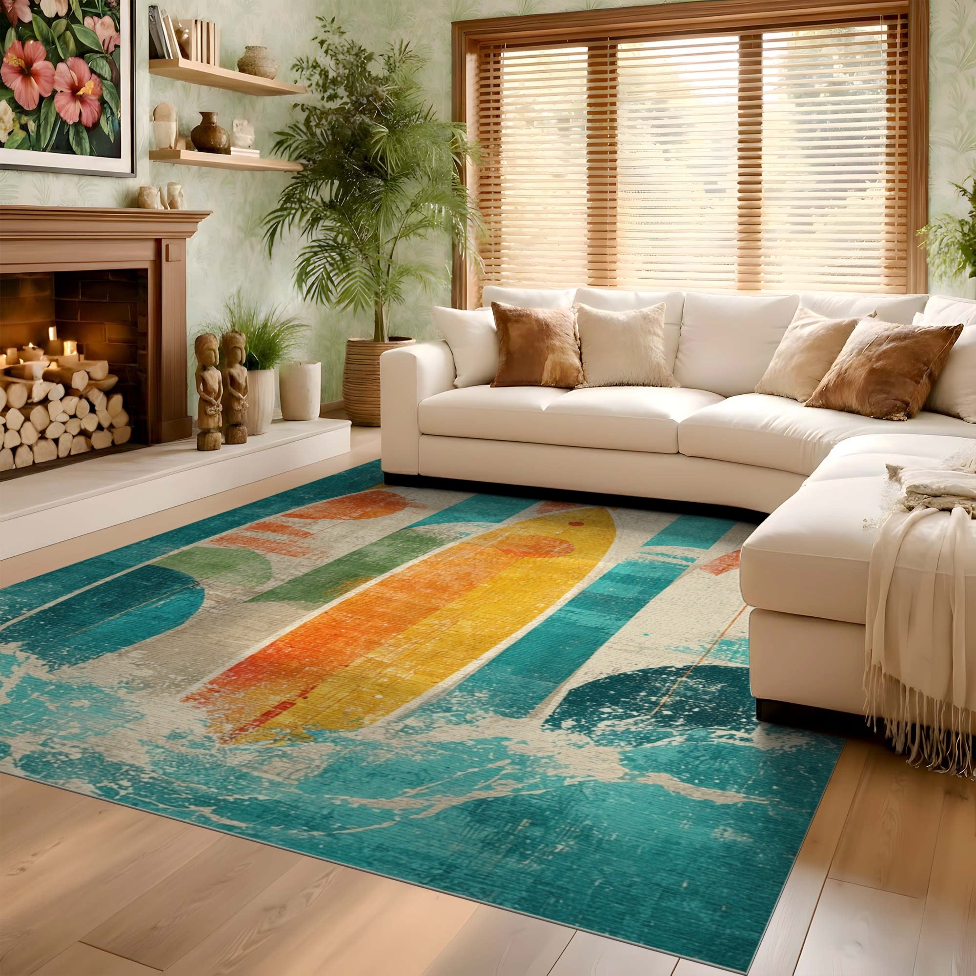 ODIKA Retro Surfboard Abstract Washable Area Rug - Low Pile Coastal Decor
