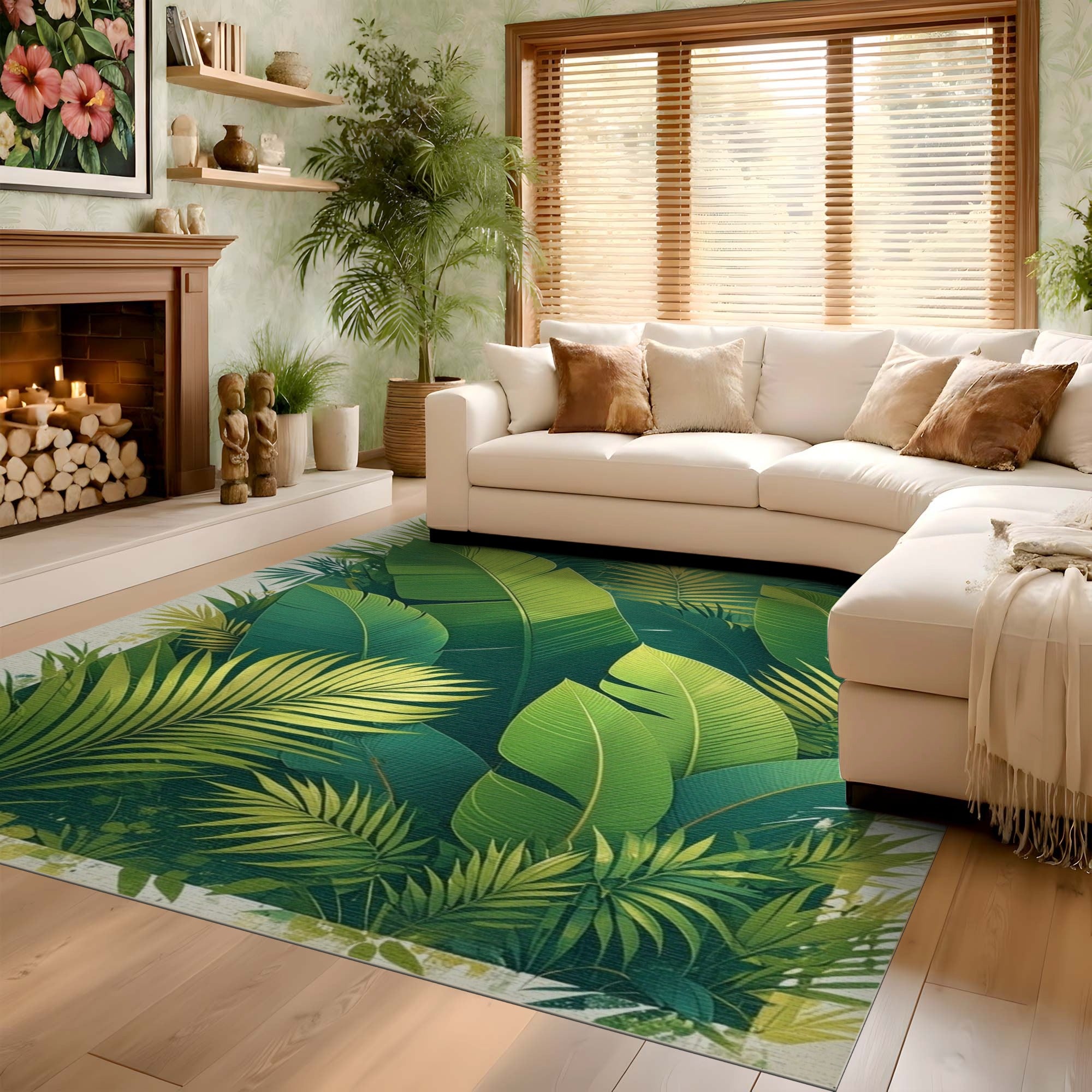 ODIKA Tropical Banana Leaf Washable Rug - Low Pile Non-Slip Botanical Area Rug