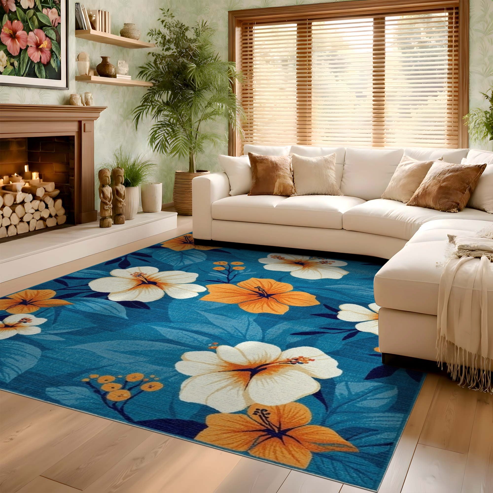 ODIKA Tropical Hibiscus Blue & Orange Floral Washable Area Rug, Non-Slip Low Pile