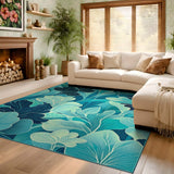 ODIKA Modern Teal Ginkgo Leaf Washable Rug - Low Pile Non-Slip Botanical Area Carpet