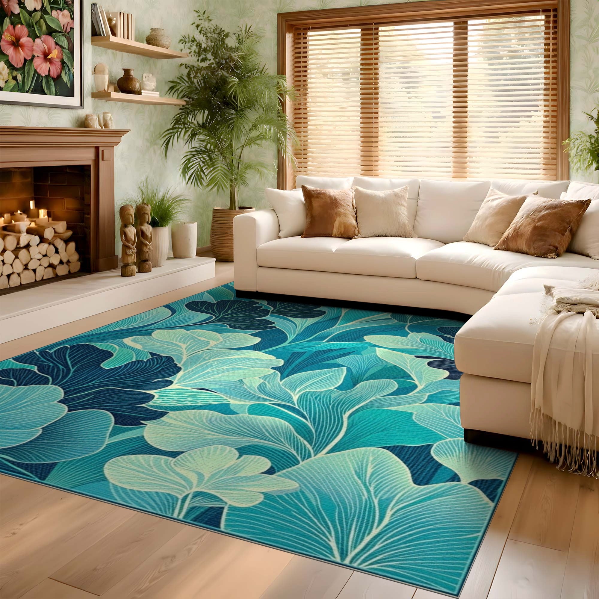ODIKA Modern Teal Ginkgo Leaf Washable Rug - Low Pile Non-Slip Botanical Area Carpet