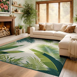 Tropical Palm Leaf Washable Area Rug - Low Pile Non-Slip Botanical Green Rug