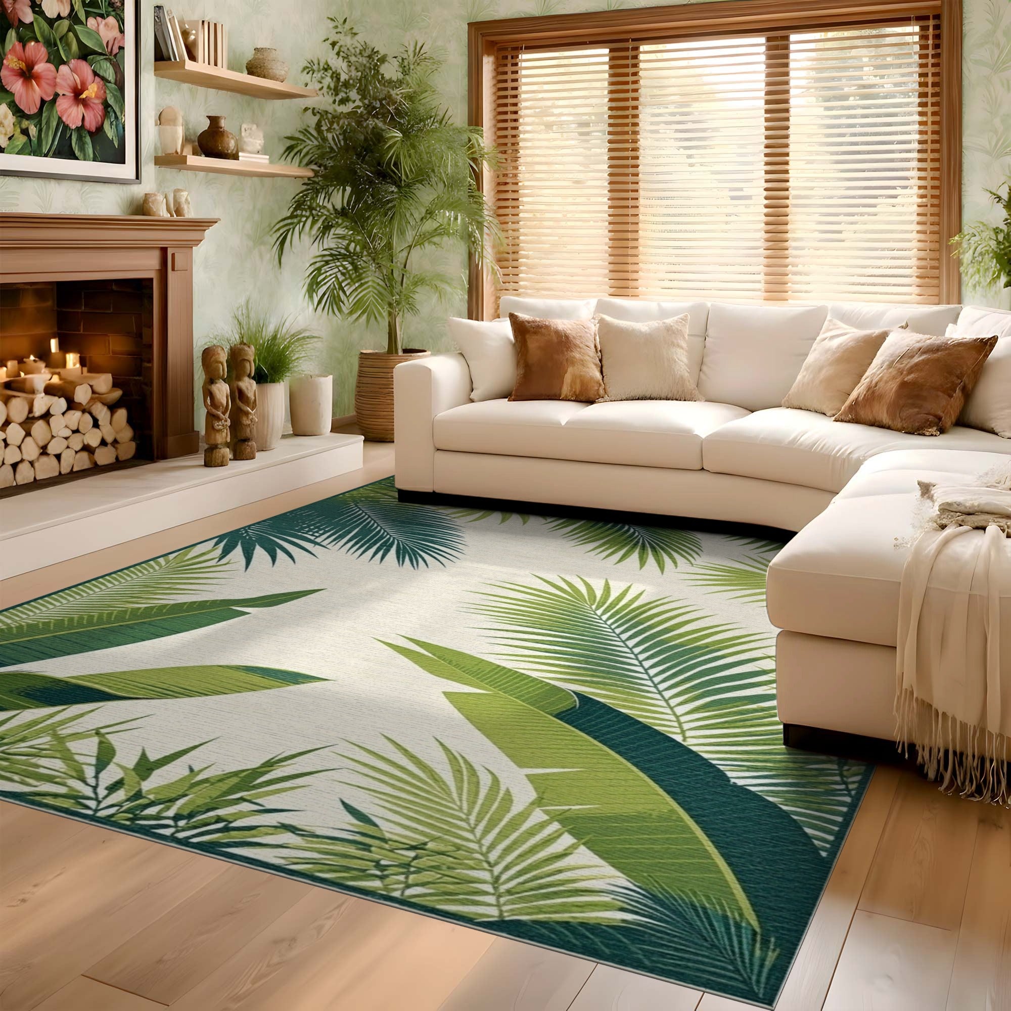 Tropical Palm Leaf Washable Area Rug - Low Pile Non-Slip Botanical Green Rug