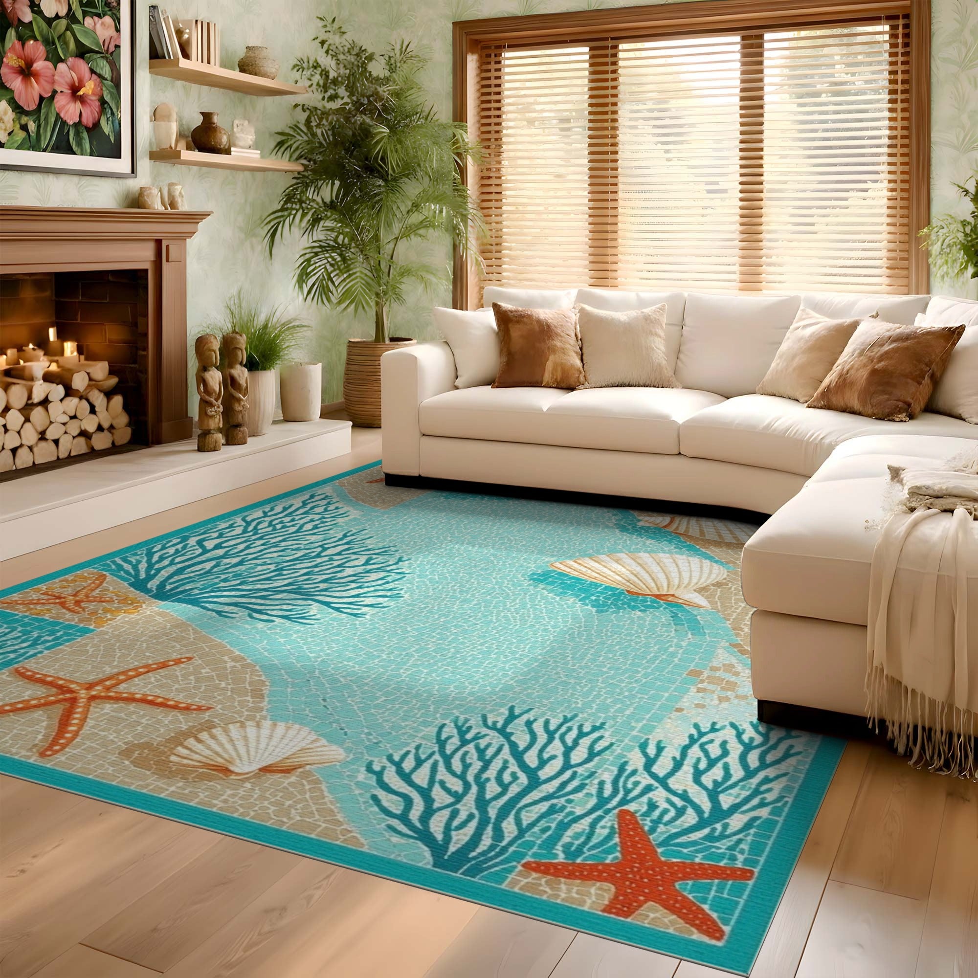 ODIKA Coastal Starfish & Shell Mosaic Turquoise Washable Area Rug