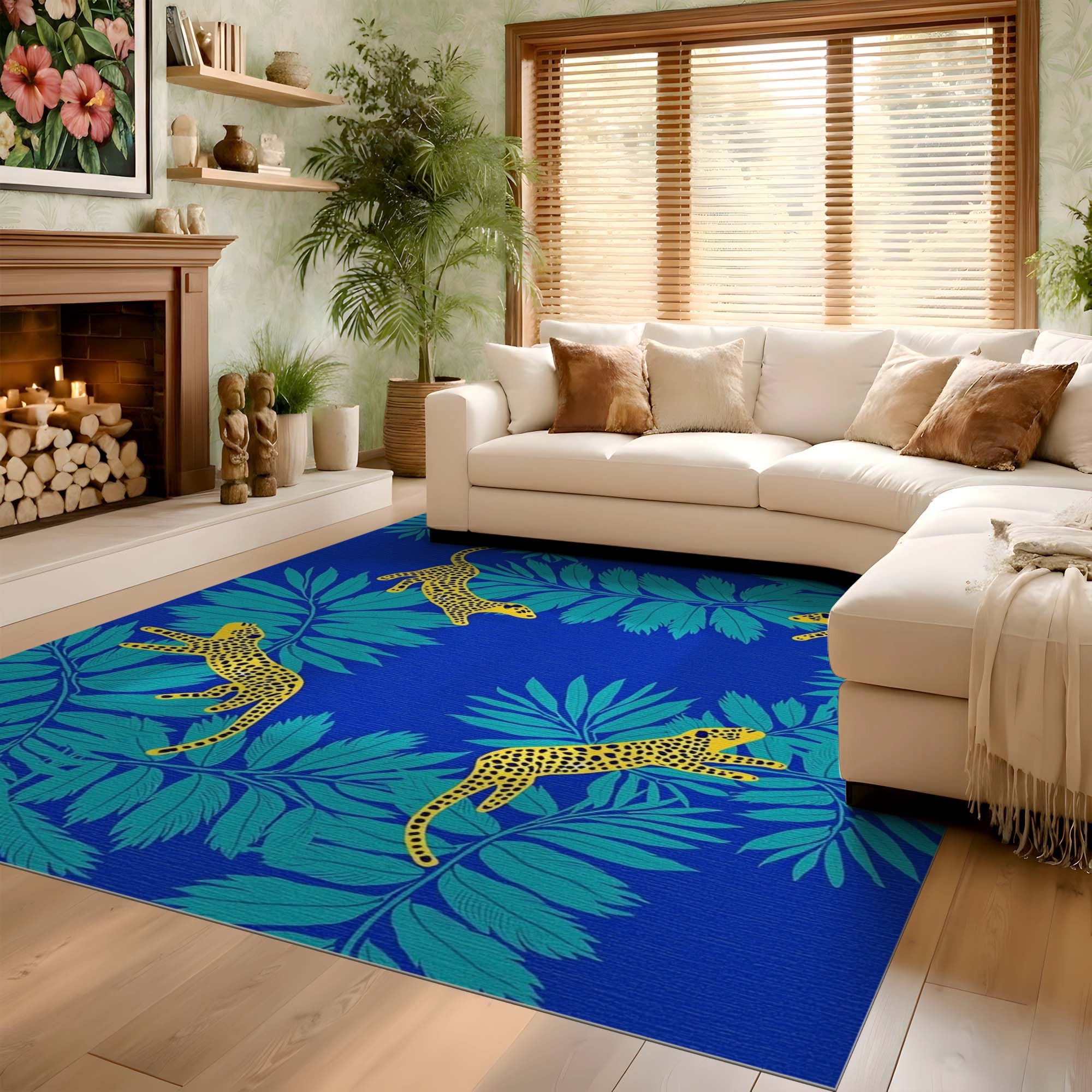 ODIKA Washable Tropical Leopard Print Rug, Low Pile Blue & Yellow Jungle Area Rug