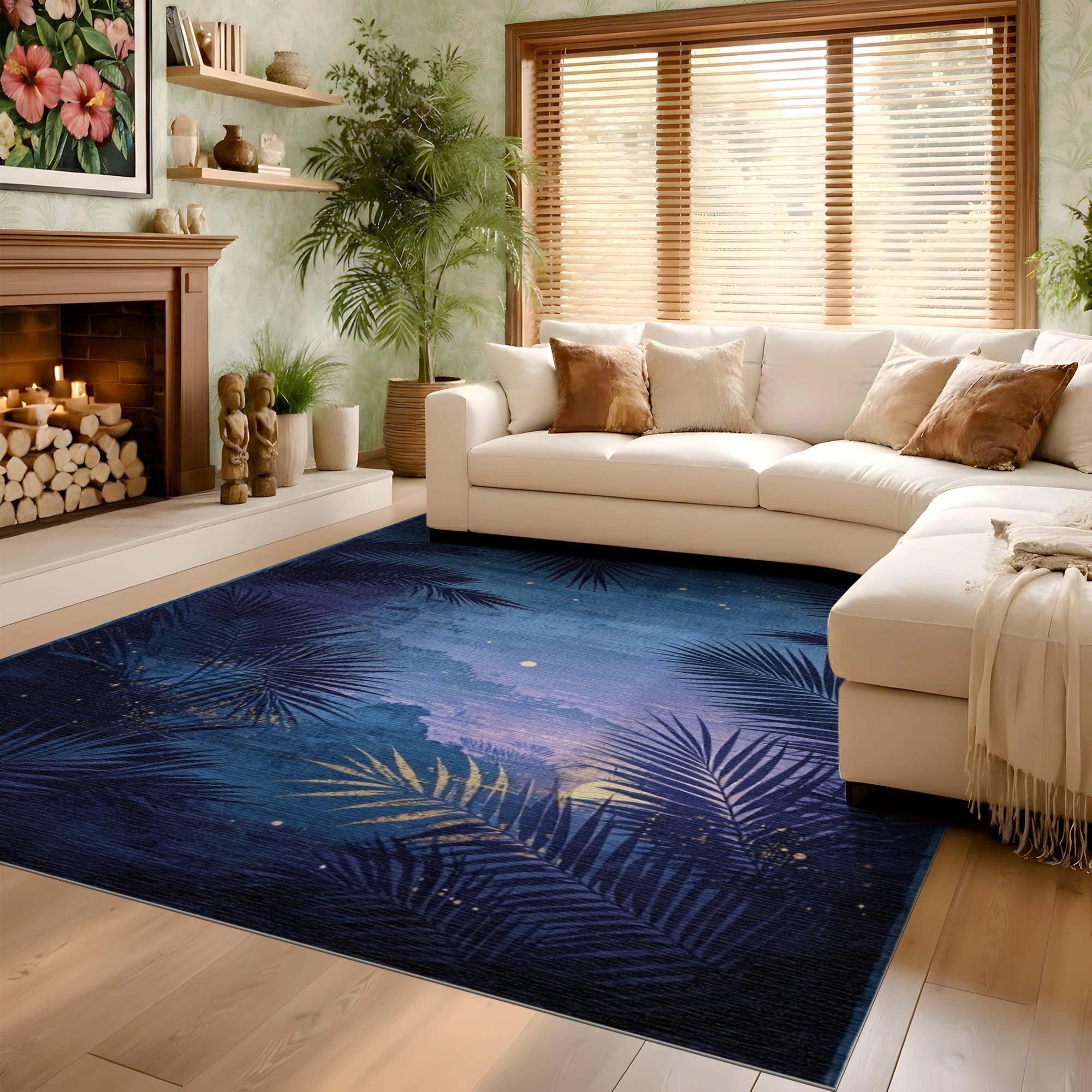 ODIKA Midnight Tropical Palm Washable Area Rug, Low Pile Non-Slip Artistic Rug