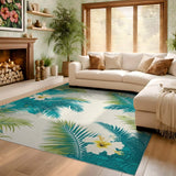 ODIKA Tropical Palm Leaf & Hibiscus Washable Low Pile Area Rug