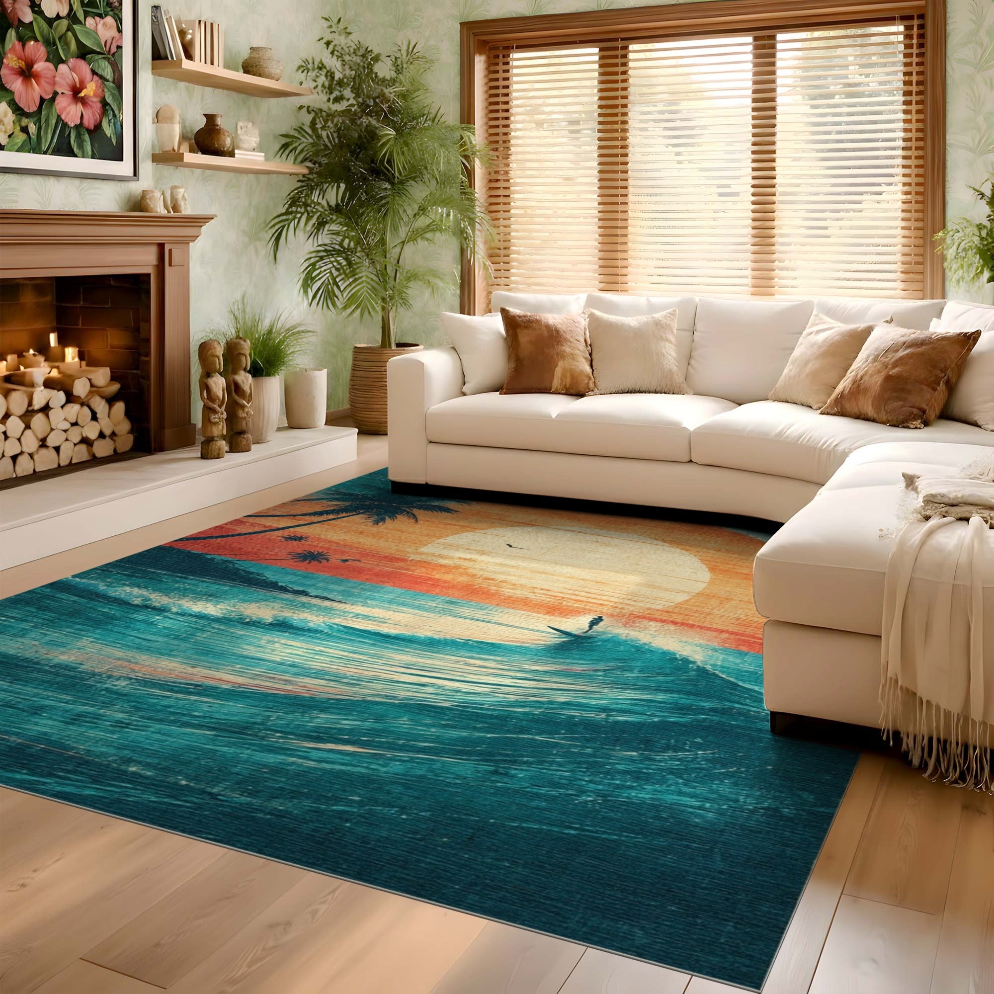 ODIKA Retro Sunset Surf Washable Area Rug - Vintage Low Pile Coastal Decor