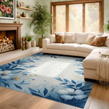 ODIKA Blue Floral Watercolor Washable Area Rug - Low Pile Non-Slip Botanical Carpet