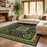 ODIKA Washable Emerald Green Floral Area Rug - Low Pile Art Nouveau Non-Slip Rug