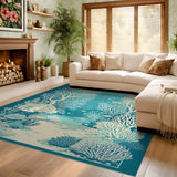 ODIKA Under the Sea Coral Reef Washable Area Rug - Teal & Cream Coastal Low Pile Non-Slip Rug