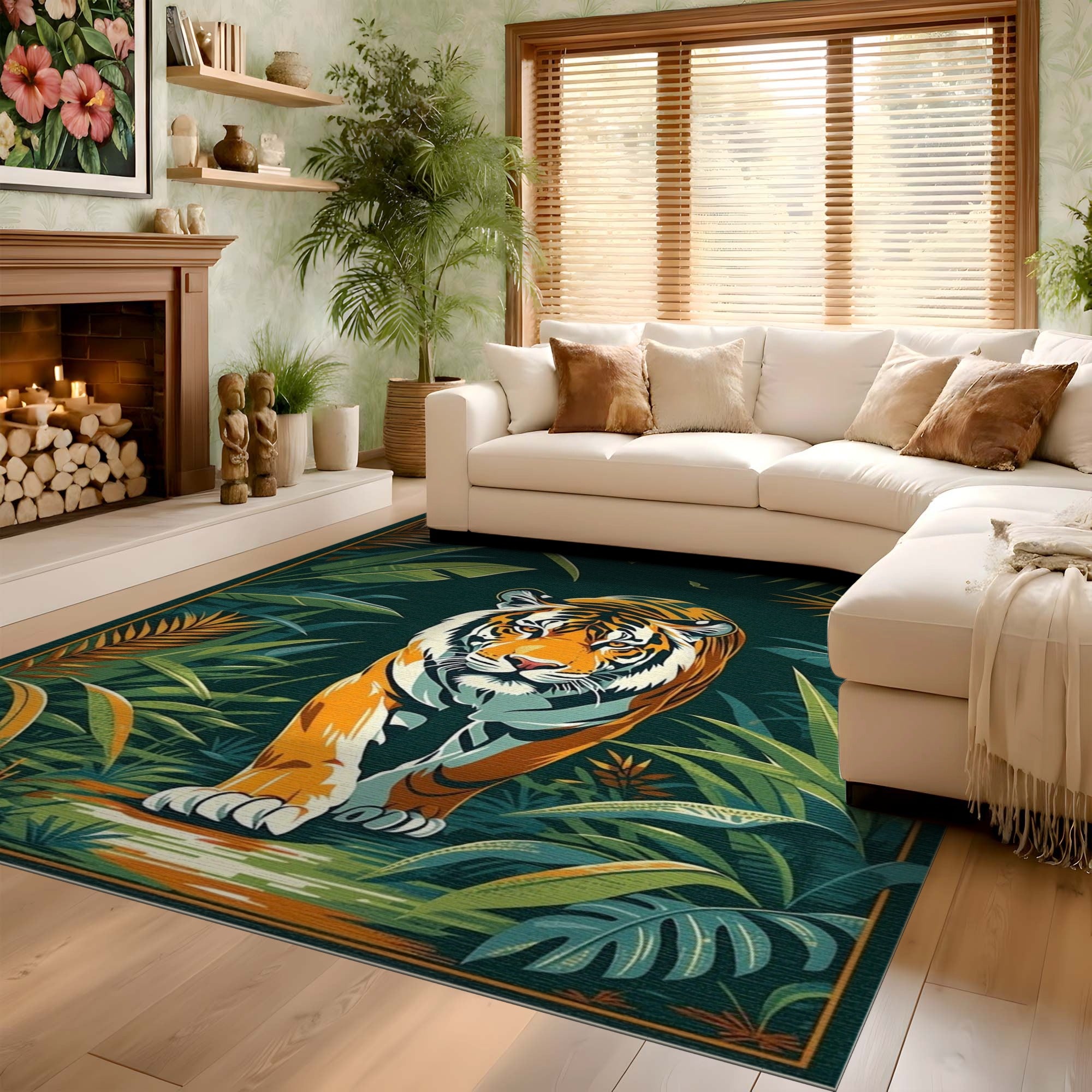 ODIKA Jungle Tiger Washable Area Rug - Low Pile Non-Slip Tropical Art Print