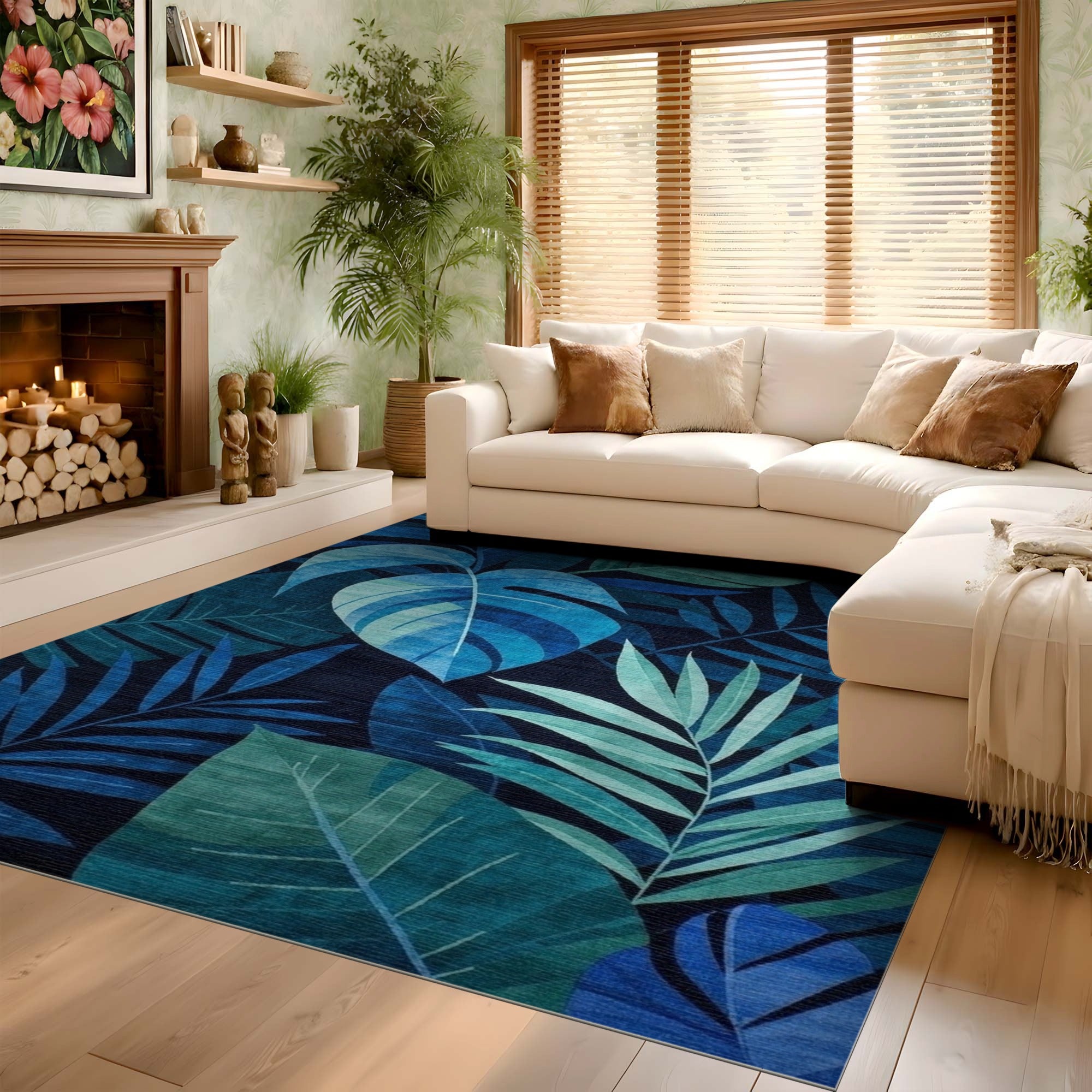ODIKA Blue Tropical Monstera Leaf Washable Rug - Low Pile Non-Slip Area Rug